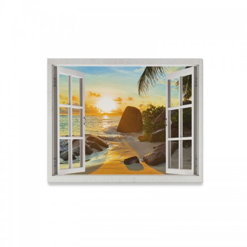 Interestprint Sunset Sea And Palm Tree Out Of Open Window Canvas Wall Art Print Landscape Painting Wall Hanging Artwork For Home Decoration
